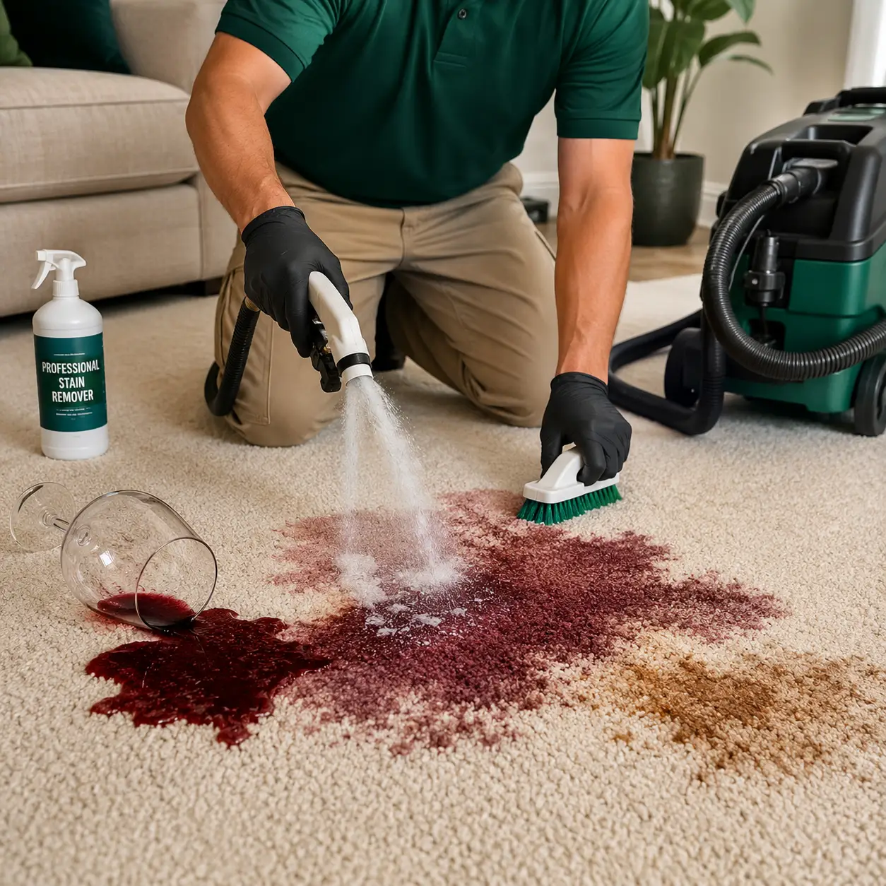 Red wine and beverage stain treatment on carpet in Spring Texas
